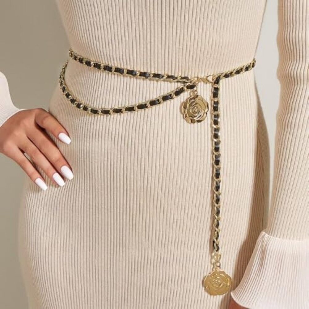 NWT Black and Gold Chain Belt Multilayer w/ Camellia Flower Pendants - Picture 4 of 5